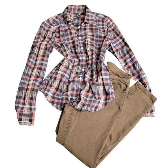 Set of Brand Name Khaki Colored Jeans and Lightweight Long Sleeve Plaid Shirt - Picture 2 of 12